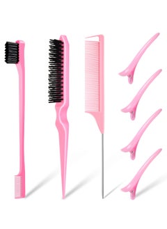 KHAJUL 7PCS Hair Brush Comb Set, Slick Back Hair Brush Edges Brush Set, Bristle Hair Brush Teasing Brush, Rat Tail Hair Comb with Hair Clips, Back Combing Brushes for Hairdresser Women Baby Children (Pink)  - Image 1