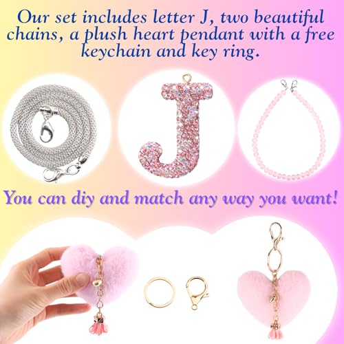 MOTOFITOOL Bling Pink Car Accessories for Women Letter Charm, Rainbow Color Rear View Mirror Cute Crystal Pendant Car Decorations, Lucky Gifts Diamond Rhinestone Charm Interior (J, Tassel Heart) - Image 2
