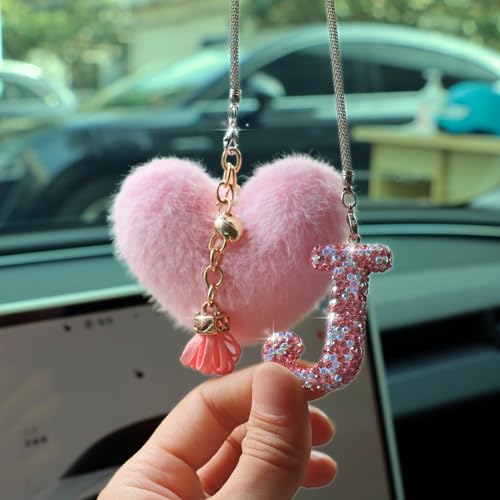 MOTOFITOOL Bling Pink Car Accessories for Women Letter Charm, Rainbow Color Rear View Mirror Cute Crystal Pendant Car Decorations, Lucky Gifts Diamond Rhinestone Charm Interior (J, Tassel Heart) - Image 4