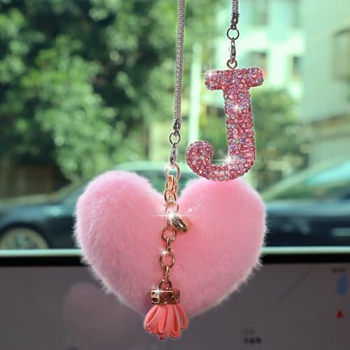 MOTOFITOOL Bling Pink Car Accessories for Women Letter Charm, Rainbow Color Rear View Mirror Cute Crystal Pendant Car Decorations, Lucky Gifts Diamond Rhinestone Charm Interior (J, Tassel Heart) - Image 1