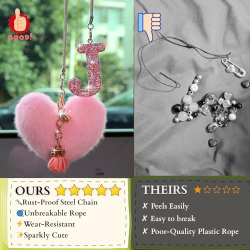 MOTOFITOOL Bling Pink Car Accessories for Women Letter Charm, Rainbow Color Rear View Mirror Cute Crystal Pendant Car Decorations, Lucky Gifts Diamond Rhinestone Charm Interior (J, Tassel Heart) - Image 3