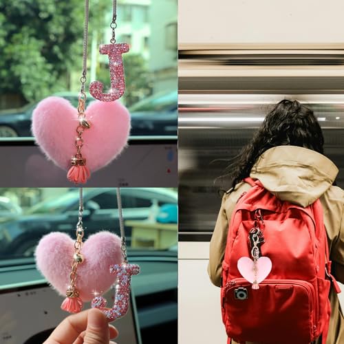 MOTOFITOOL Bling Pink Car Accessories for Women Letter Charm, Rainbow Color Rear View Mirror Cute Crystal Pendant Car Decorations, Lucky Gifts Diamond Rhinestone Charm Interior (J, Tassel Heart) - Image 5