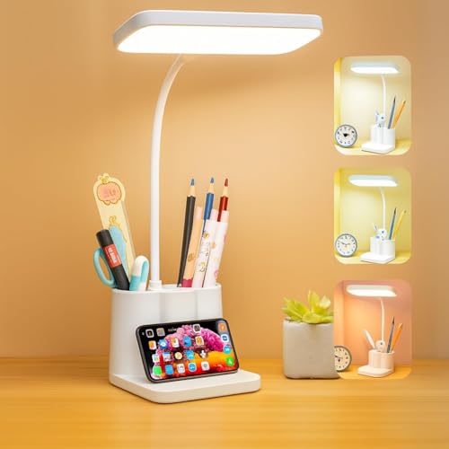 TEKCOOL 3-in-1 LED Desk Lamp with Pen & Phone Holder – USB Rechargeable Study Lamp with Touch Sensor, 3 Light Modes, Eye Protection & Warm White Night Light for Bedroom, Office & Home' - Image 1
