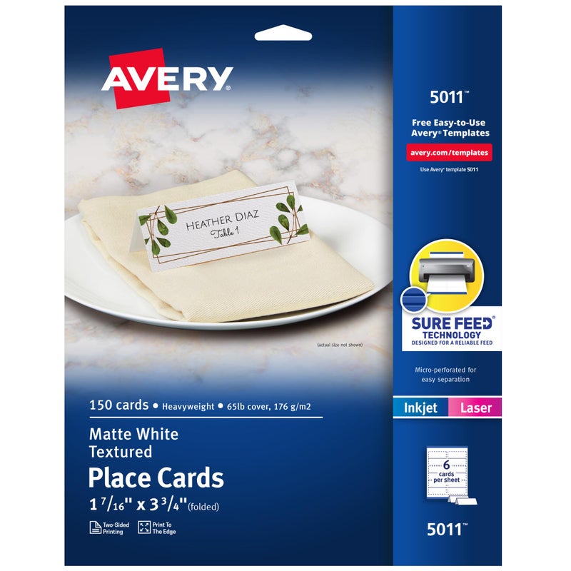Avery Printable Place Cards with Sure Feed Technology, 1-7/16" x 3-3/4", Matte White, 150 Blank Tent Cards for Laser or Inkjet Printers (5011) - Image 1