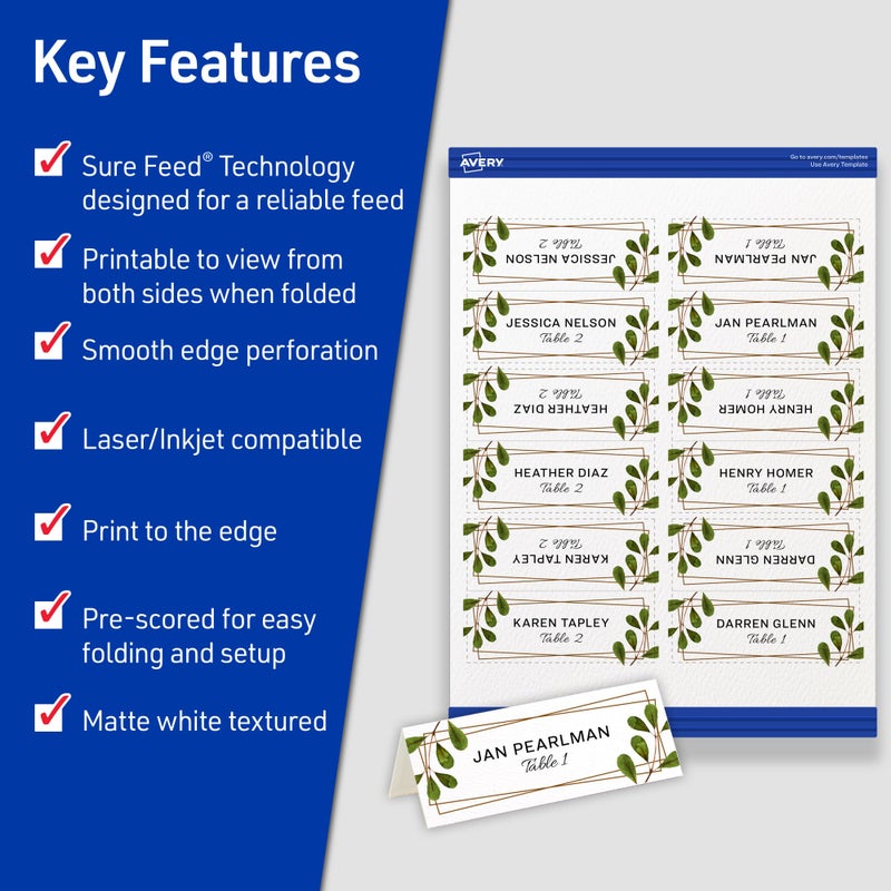 Avery Printable Place Cards with Sure Feed Technology, 1-7/16" x 3-3/4", Matte White, 150 Blank Tent Cards for Laser or Inkjet Printers (5011) - Image 2