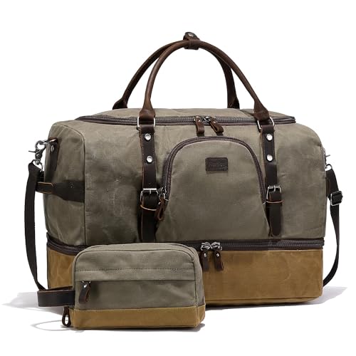 NerIion Nerlion Green Large Weekender Overnight Duffel Bag with Shoe Compartment and Leather Accents - Image 1