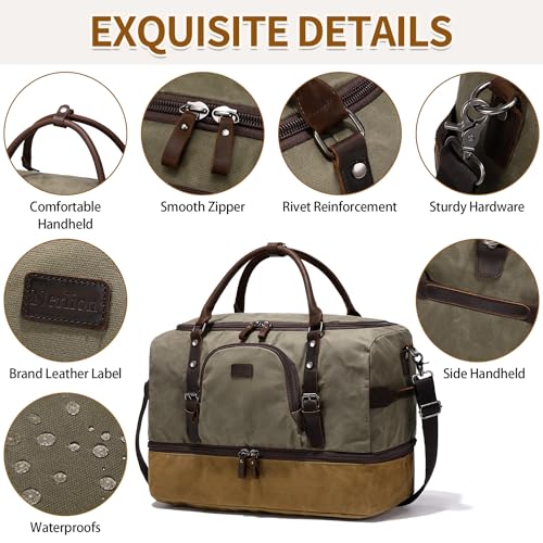 NerIion Nerlion Green Large Weekender Overnight Duffel Bag with Shoe Compartment and Leather Accents - Image 5