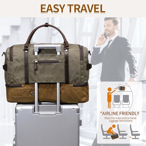 NerIion Nerlion Green Large Weekender Overnight Duffel Bag with Shoe Compartment and Leather Accents - Image 3