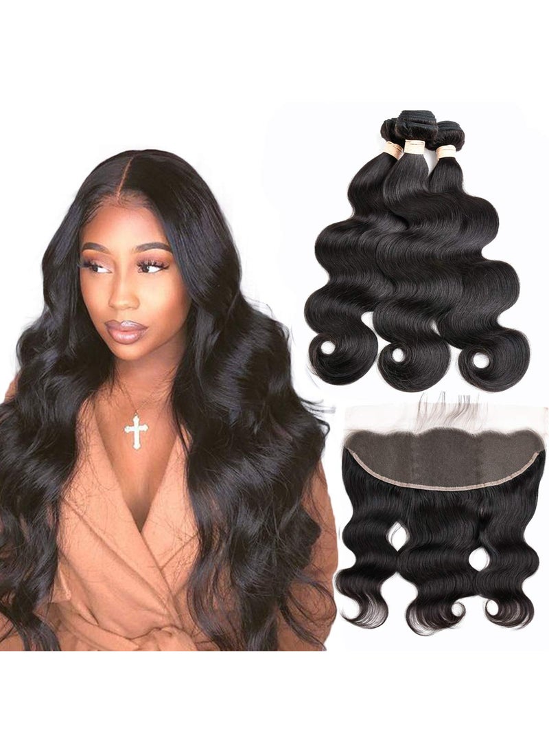 Beauhair - Body Wave 3 Bundles with Frontal Closure Unprocessed 100 Human Hair Natural Black Color 13x4 Lace Frontal Closure With Bundles Virgin Human Hair Extensions12 14 16 with 12 Frontal - Image 1