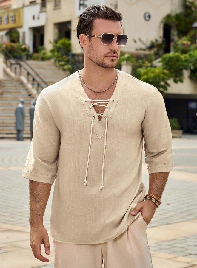 Rela Bota Men's Fashion Shirt Short Sleeve Beach V-Neck Drawstring Solid Color Yoga African Summer Top Solid Khaki XL, Solid Khaki, XL - Image 3