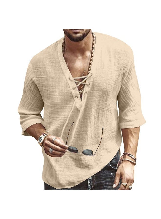 Rela Bota Men's Fashion Shirt Short Sleeve Beach V-Neck Drawstring Solid Color Yoga African Summer Top Solid Khaki XL, Solid Khaki, XL - Image 1