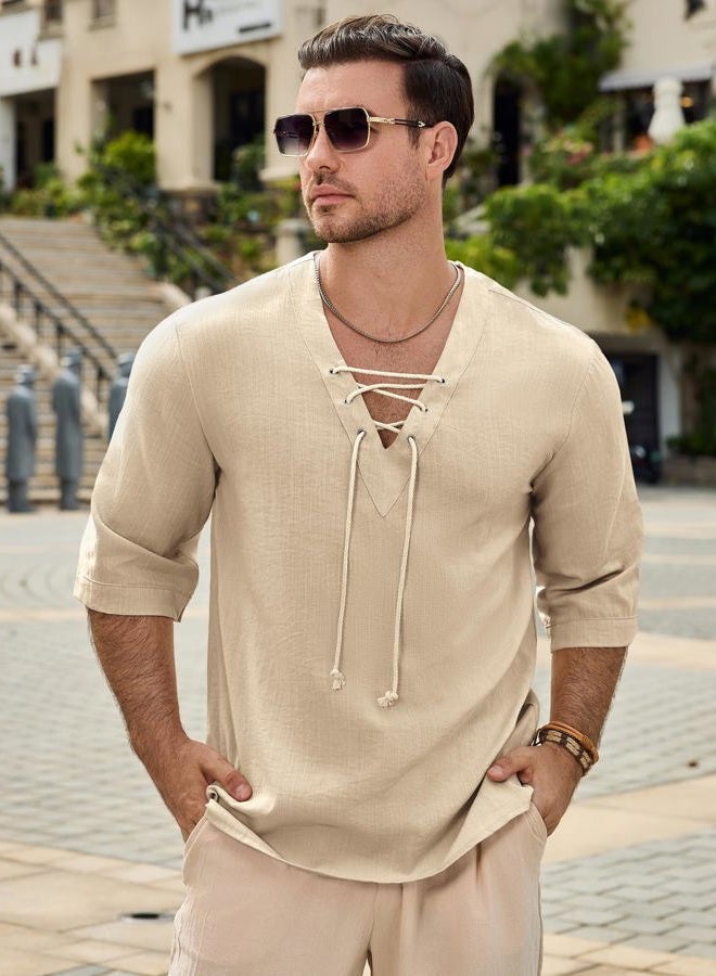 Rela Bota Men's Fashion Shirt Short Sleeve Beach V-Neck Drawstring Solid Color Yoga African Summer Top Solid Khaki XL, Solid Khaki, XL - Image 2