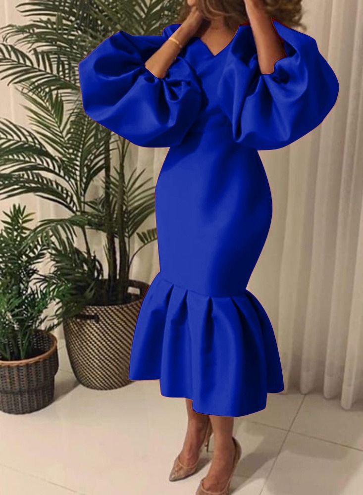 Loquat Solid V-neck Bubble Long Sleeve Fishtail Skirt Blue 