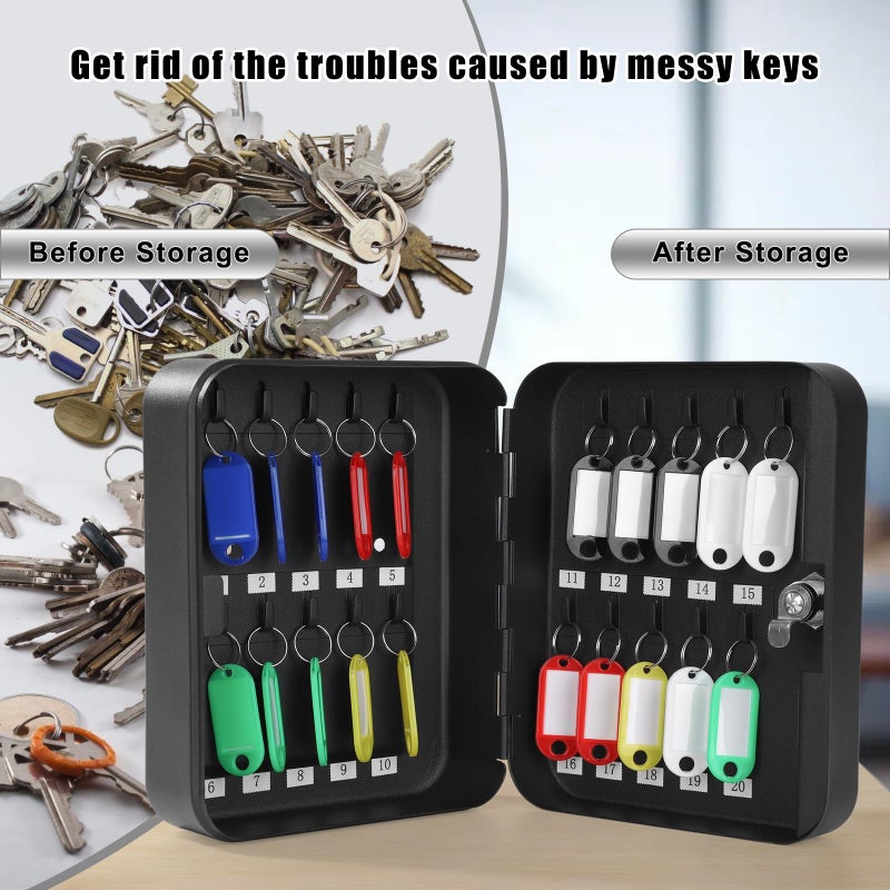 KYODOLED Key Cabinet Wall Mount, Locking Key Box Organizer, Key Lock Box with Key, Key Holder Lock Box for Wall, 20 Key Hooks & Tags Key Lab,7.8"x6.3"x3.14" Black - Image 4