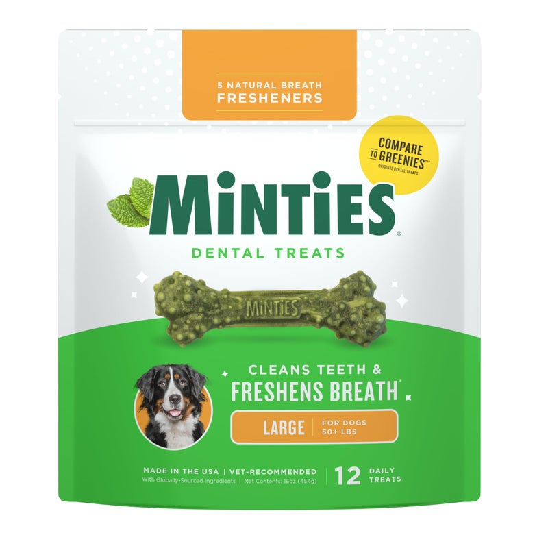 Minties Dental Chews for Dogs, 12 Count, Vet-Recommended Mint-Flavored Treats for Large Dogs Over 50 lbs, Dental Bones Clean Teeth, Fight Bad Breath, and Removes Plaque and Tartar - Image 1