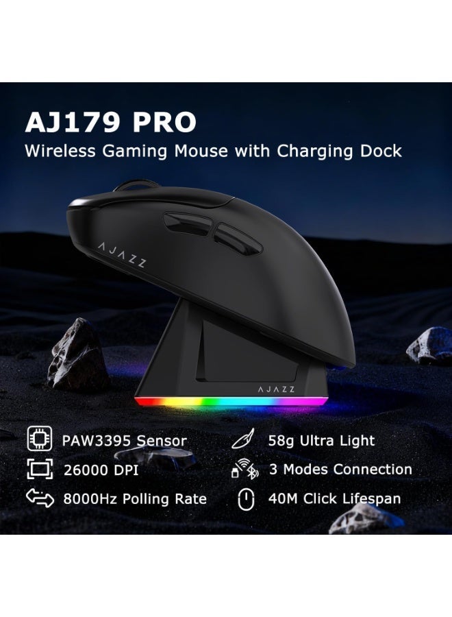 إيه جاز فأرة ألعاب لاسلكية AJ179 PRO بجودة 8K و3 أنماط (2.4 جيجا/سلكية/بلوتوث 5.2)، معدل تحديث 8000 هرتز، دقة 26000 دبلي، مستشعر بصري PAW3395، متوافقة مع الحاسوب المحمول والكمبيوتر، خفيفة جدًا بوزن 58 جرام، قاعدة شحن مغناطيسية بضوء RGB، لون أسود - Image 2