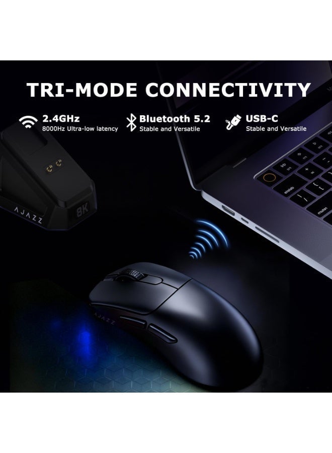 إيه جاز فأرة ألعاب لاسلكية AJ179 PRO بجودة 8K و3 أنماط (2.4 جيجا/سلكية/بلوتوث 5.2)، معدل تحديث 8000 هرتز، دقة 26000 دبلي، مستشعر بصري PAW3395، متوافقة مع الحاسوب المحمول والكمبيوتر، خفيفة جدًا بوزن 58 جرام، قاعدة شحن مغناطيسية بضوء RGB، لون أسود - Image 5