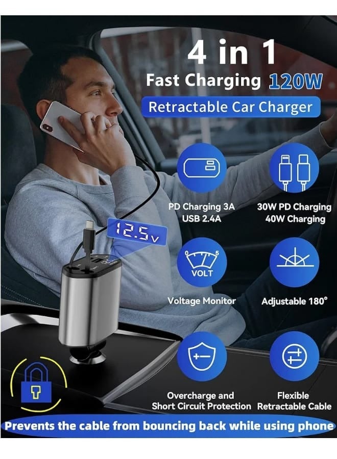 تقليدي شاحن سيارة قابل للسحب 120 واط، شاحن سريع 4 في 1 مع كابل Lightning + Type-C قابل للسحب، و منفذي USB، متوافق مع iPhone 15/14/13/12/11 وسامسونج جالاكسي - Image 3