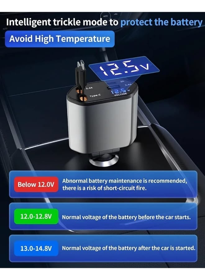 تقليدي شاحن سيارة قابل للسحب 120 واط، شاحن سريع 4 في 1 مع كابل Lightning + Type-C قابل للسحب، و منفذي USB، متوافق مع iPhone 15/14/13/12/11 وسامسونج جالاكسي - Image 5
