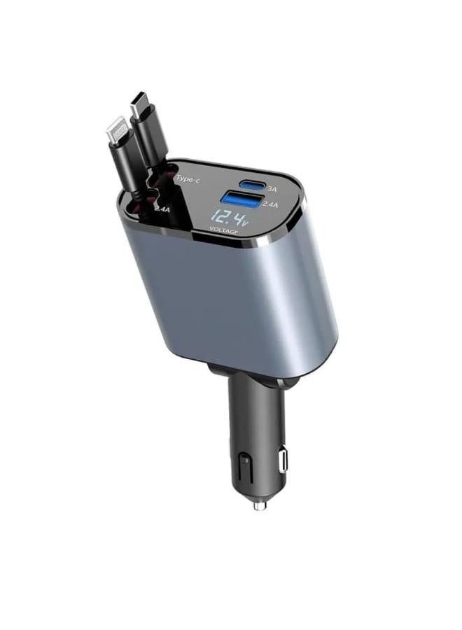 تقليدي شاحن سيارة قابل للسحب 120 واط، شاحن سريع 4 في 1 مع كابل Lightning + Type-C قابل للسحب، و منفذي USB، متوافق مع iPhone 15/14/13/12/11 وسامسونج جالاكسي - Image 1