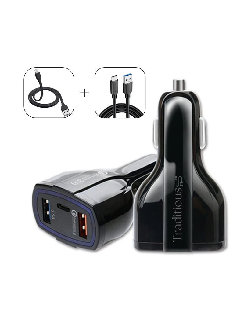 traditious Super Fast Car Charger Type C Car Port Charger With 3 Charging Ports For All Devices(Includes 2 Charging Cables)  - Image 1