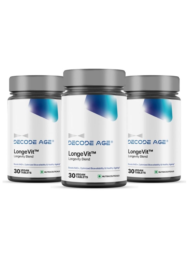 Decode Age LongeVit Supplement | Slow Down Ageing| Improve NAD+, Energy Levels & Overall Stamina | Recovery from DNA damage (Pack of 3, 30 Tablets each) - Image 1