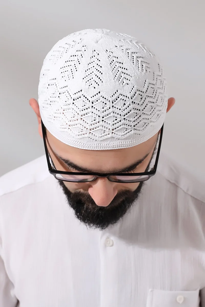 İhvan Online Kubbetül Hadra Platinum Series Lace Detailed Knitted Prayer Skull White