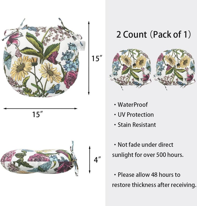 FUNHOME All Weather Bistro Seat Cushions with Ties, Tufted Patio Chair Cushions Round 15”x15”x4”, Set of 2, Chair Pad for Home Garden Kitchen Furniture-Butterfly - Image 5