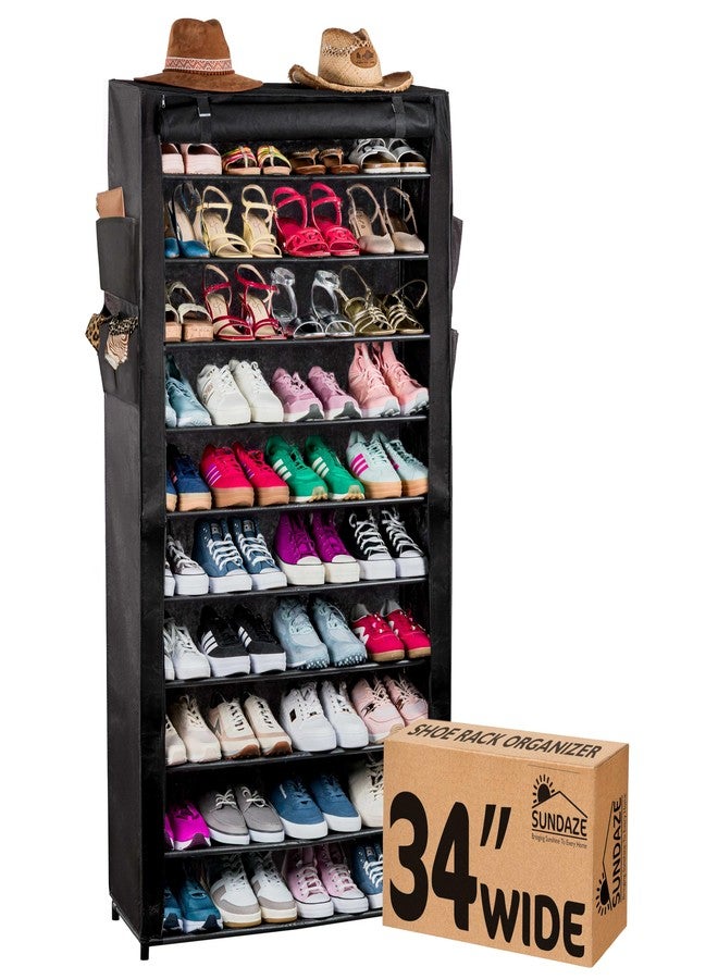Sundaze Shoe Rack with Cover - 10 Tier Shoe Rack for Front Door Entrance, Sturdy Tall Shoe Organizer for Bedroom, Closet, Garage, Non Woven Fabric Shelf, Black, Holds Up to 50 Pairs - Image 1