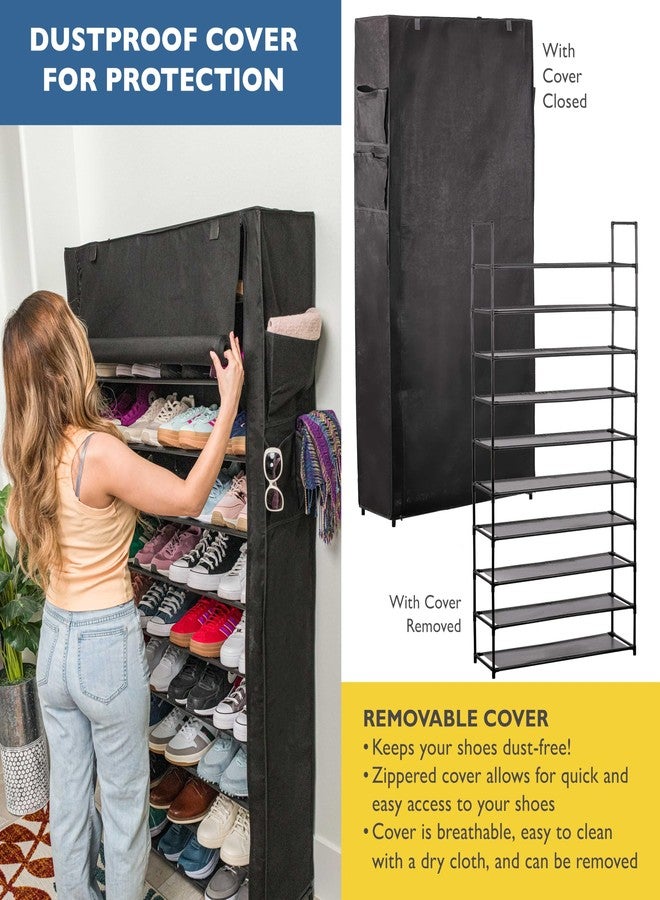 Sundaze Shoe Rack with Cover - 10 Tier Shoe Rack for Front Door Entrance, Sturdy Tall Shoe Organizer for Bedroom, Closet, Garage, Non Woven Fabric Shelf, Black, Holds Up to 50 Pairs - Image 4