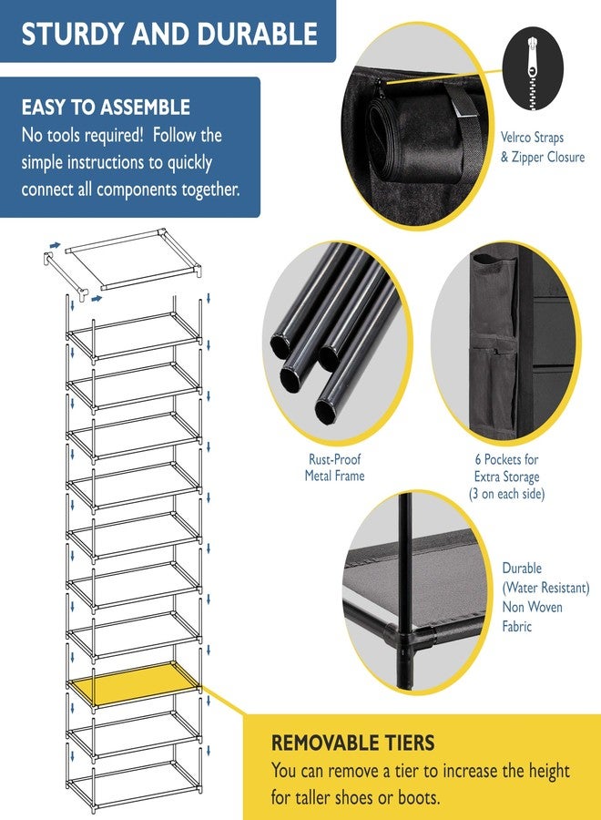 Sundaze Shoe Rack with Cover - 10 Tier Shoe Rack for Front Door Entrance, Sturdy Tall Shoe Organizer for Bedroom, Closet, Garage, Non Woven Fabric Shelf, Black, Holds Up to 50 Pairs - Image 5