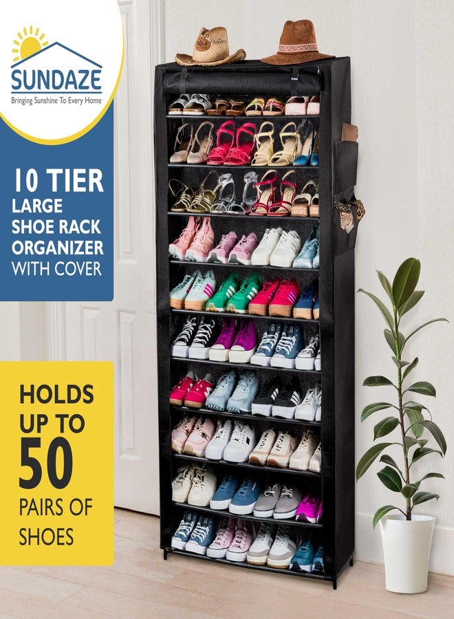 Sundaze Shoe Rack with Cover - 10 Tier Shoe Rack for Front Door Entrance, Sturdy Tall Shoe Organizer for Bedroom, Closet, Garage, Non Woven Fabric Shelf, Black, Holds Up to 50 Pairs - Image 2