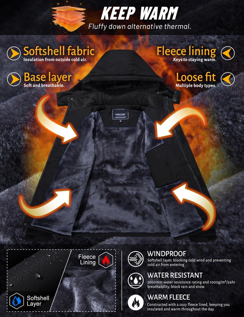 TACVASEN Winter Jacket for Men Skiing Warm Fleece Jackets Hooded Water Resistant Rain Jacket Black Thermal Snowboarding Jacket Windbreaker for Cold Weather - Image 3