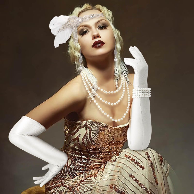 DRESHOW 1920s Great Gatsby Accessories Set for Women Flapper Costume Accessories Feather Headband Headpiece Gloves Necklace Set for Roaring 20s Harlem Nights - Image 3