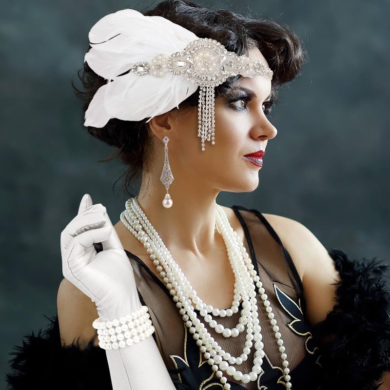 DRESHOW 1920s Great Gatsby Accessories Set for Women Flapper Costume Accessories Feather Headband Headpiece Gloves Necklace Set for Roaring 20s Harlem Nights - Image 2