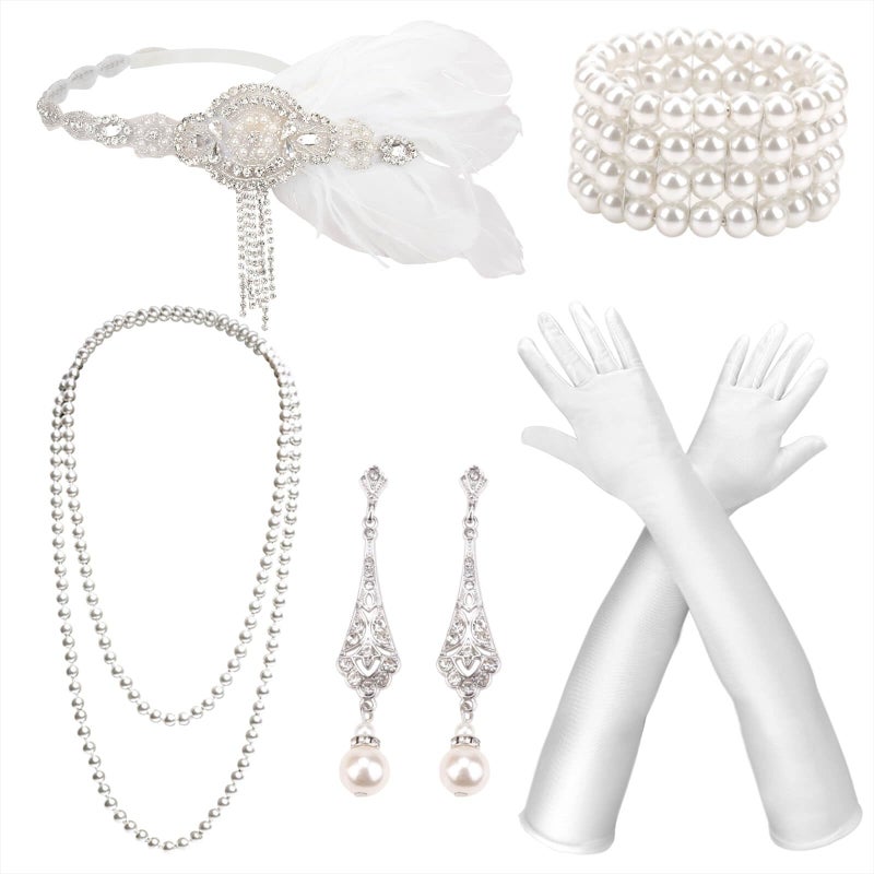 DRESHOW 1920s Great Gatsby Accessories Set for Women Flapper Costume Accessories Feather Headband Headpiece Gloves Necklace Set for Roaring 20s Harlem Nights - Image 1