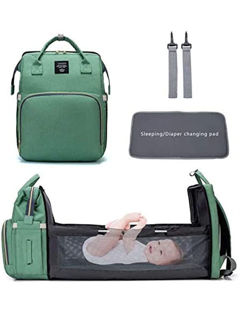GT-Wheel Multifunctional Mummy Bag,Bassinet Bag Functions as Diaper Bag and Changing Station, Foldable Nappy Backpacks Baby Bed with Hook & Changing Pad (Green) - Image 1