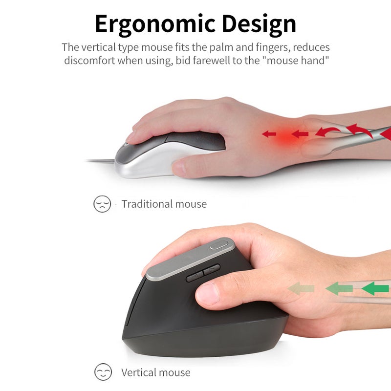 فأرة ضوئية لاسلكية 2.4G رأسية Ergonomic ب6 مفاتيح مع دبي قابلة للتعديل ب3 درجات لأجهزة الكمبيوتر المحمولة والحواسيب - لون أسود - Image 5