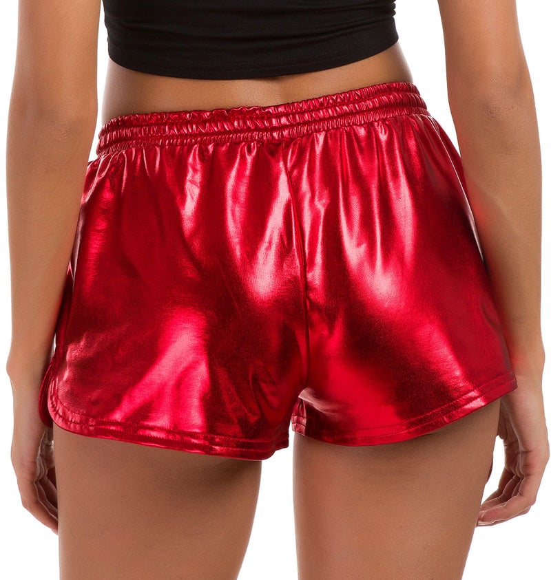 Tandisk Women's Yoga Hot Shorts Shiny Metallic Pants with Elastic Drawstring Red M - Image 3