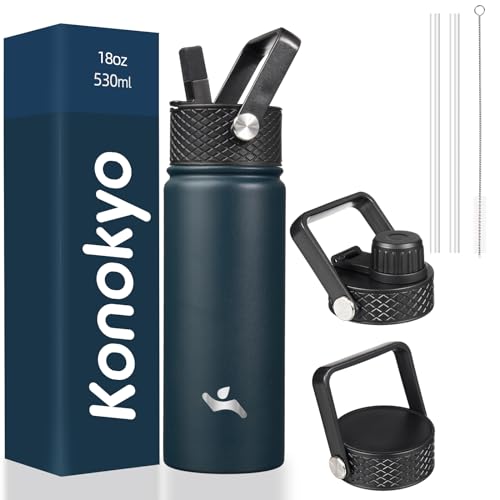 Konokyo 18 oz Insulated Water Bottle Stainless Steel Sport Bottles with 3 Lids,Navy Blue - Image 1