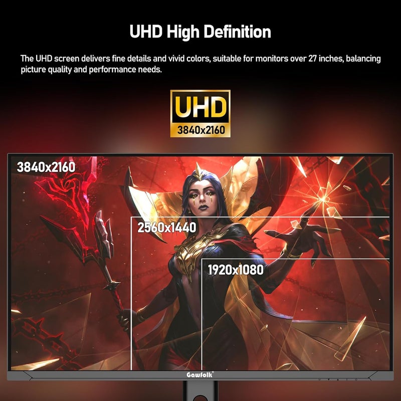 Gawfolk شاشة ألعاب 27 بوصة 4K 144Hz UHD (3840x2160P) سرعة 1ms (GTG) 100% sRGB FreeSync إضاءة خلفية RGB قابلة لتعديل الارتفاع والإمالة والدوران - Image 2