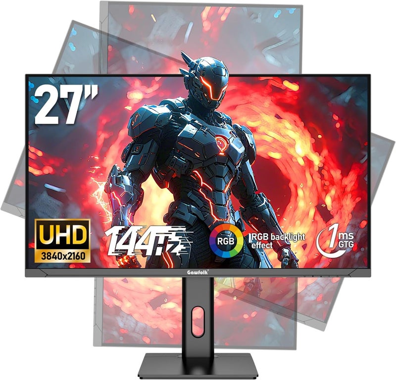 Gawfolk شاشة ألعاب 27 بوصة 4K 144Hz UHD (3840x2160P) سرعة 1ms (GTG) 100% sRGB FreeSync إضاءة خلفية RGB قابلة لتعديل الارتفاع والإمالة والدوران - Image 1