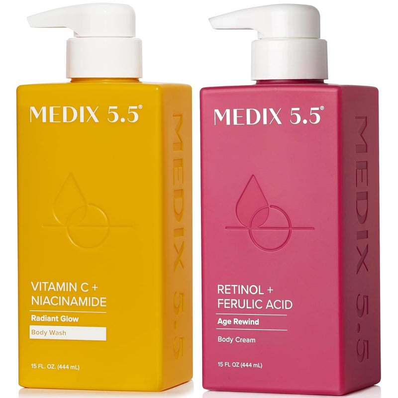 MEDIX Vitamin C Body Wash + Retinol Body Lotion Crepey Skin Moisturizer 2PC Set | Anti Aging Retinol Body Cream + Gel Body Cleanser Skincare Set For Women, Men, & Firmer Looking Skin, 2PC - Image 1