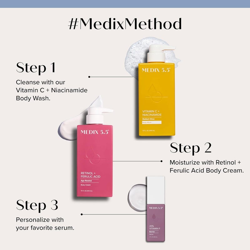 MEDIX Vitamin C Body Wash + Retinol Body Lotion Crepey Skin Moisturizer 2PC Set | Anti Aging Retinol Body Cream + Gel Body Cleanser Skincare Set For Women, Men, & Firmer Looking Skin, 2PC - Image 2