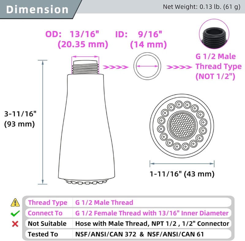 Angle Simple استبدال رأس صنبور المطبخ، موصل خيط ذكر G 1/2 أو 13/16 بوصة، مختبر وفقًا لمعايير NSF/ANSI/CAN 61 و 372، ملحق رش صنبور الحوض، وضع الرش والتوقف، نيكل مصقول - Image 2