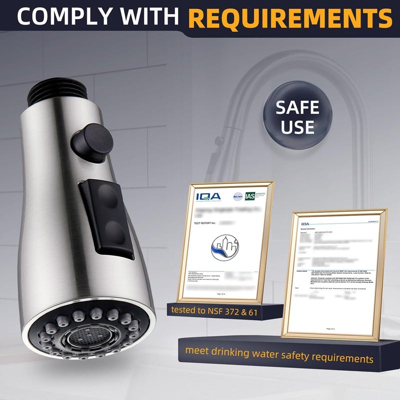 Angle Simple استبدال رأس صنبور المطبخ، موصل خيط ذكر G 1/2 أو 13/16 بوصة، مختبر وفقًا لمعايير NSF/ANSI/CAN 61 و 372، ملحق رش صنبور الحوض، وضع الرش والتوقف، نيكل مصقول - Image 5