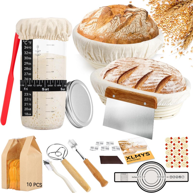 Sourdough Starter Kit  Banneton Proofing Basket 9 Inch Round  10 Oval Complete Sourdough Bread Baking Supplies with Starter Jar Bread Sling Lame Danish Dough Whisk Bags