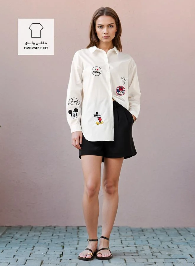 SP Characters Oversized Mickey Mouse and Minnie Mouse Print Shirt with High-Low Hem