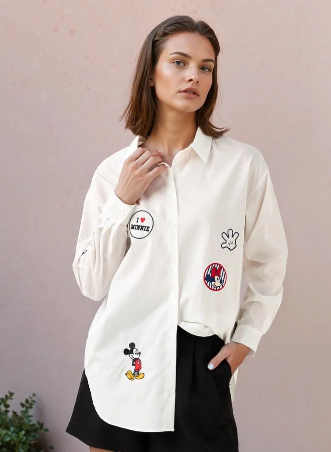 Oversized Mickey Mouse and Minnie Mouse Print Shirt with High-Low Hem