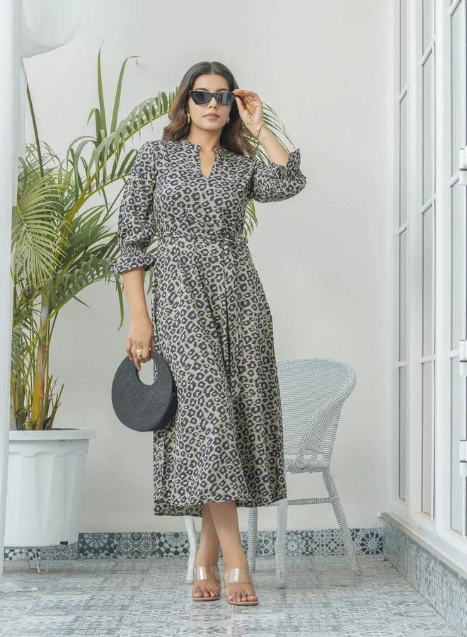 Desiqlo Black Leopard Print Midi Dress with 3/4 Sleeves